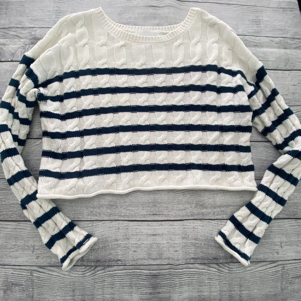 Pink Rose White Blue Stripes Cropped Rolled Hem Sweater Size Small